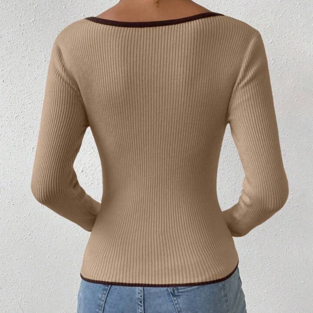 Ribbed V-Neck Tan Sweetheart Neck Contrast Trim Sweater,Long Sleeve Tops S - Picture 2 of 8